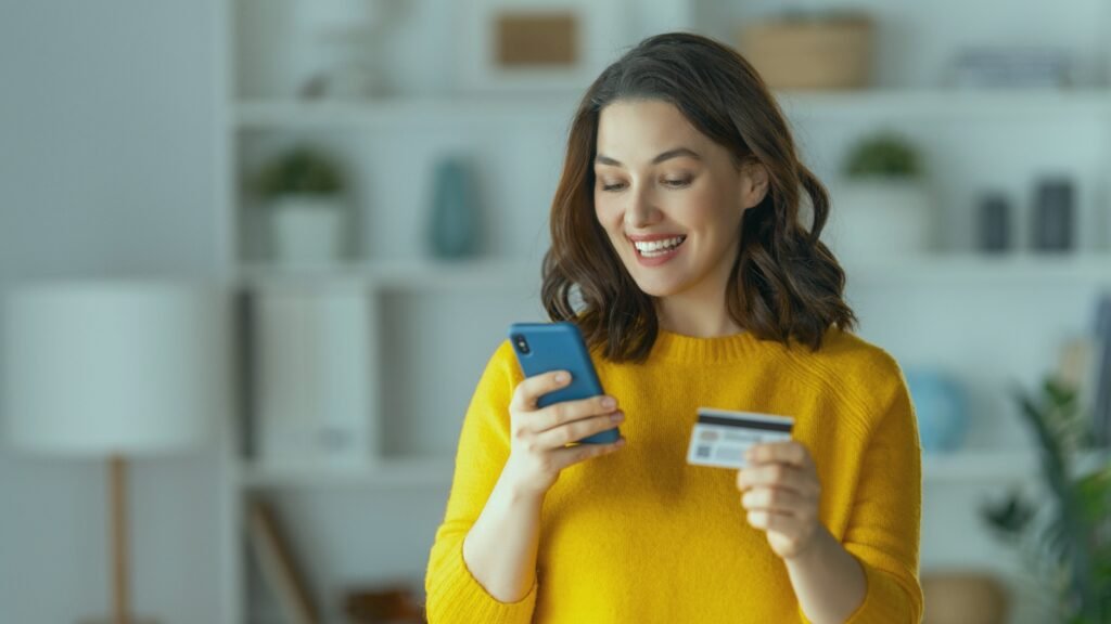 Happy lady ordering food online